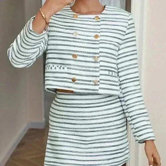 Multicolor Casual Womens Striped Print Double Breasted Jacket & Bodycon Skort - Picture 3 of 5